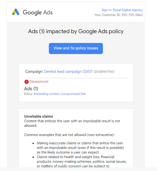 Google Ads Compromised site disapproved/