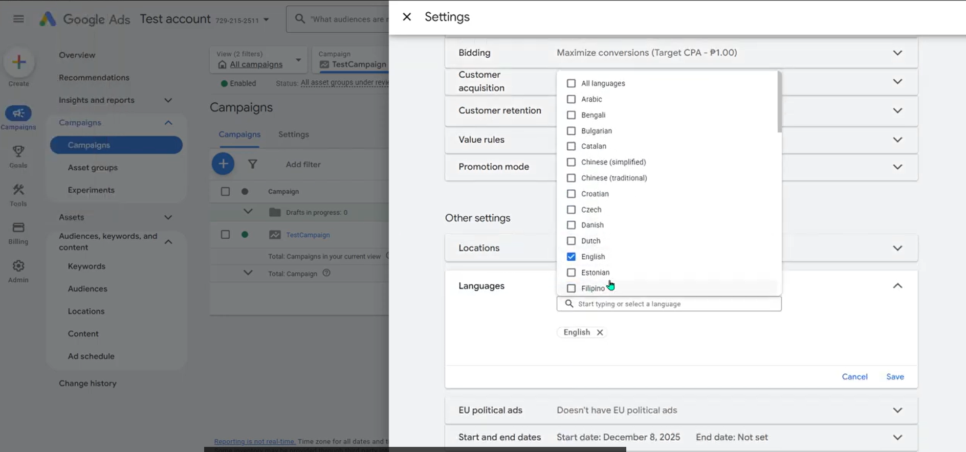 Google Ads disapproved unsupported language
