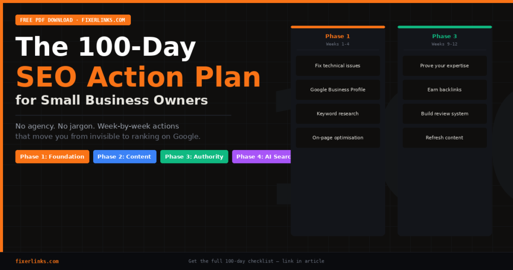 The 100-Day SEO Action Plan for small business owners — free PDF download from FixerLinks
100-Day SEO Plan for Website Business Owners 2026 (Free PDF )