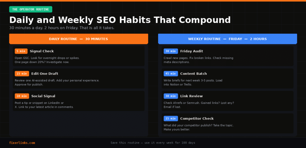 Daily and weekly SEO routine for website business owners — 30 minutes per day