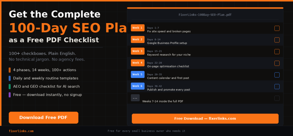 Download the free 100-Day SEO Plan PDF from FixerLinks — complete checklist for small business owners