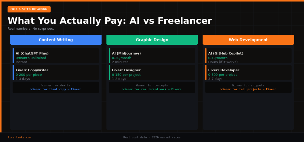 AI vs Fiverr cost comparison - ChatGPT vs freelancer pricing 2026